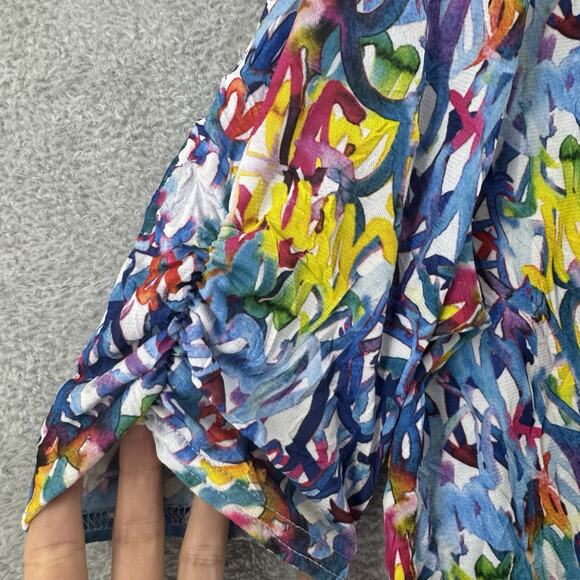 SNOSKINS Top Womens XL Blue Stretch Tie Hem V- Neck Elbow Sleeve Art to Wear - Picture 5 of 13